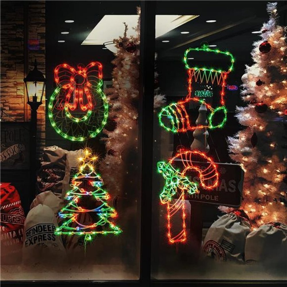 4 Pack Lighted 16'' Christmas Window Silhouette Lights, 6.6FT Wire